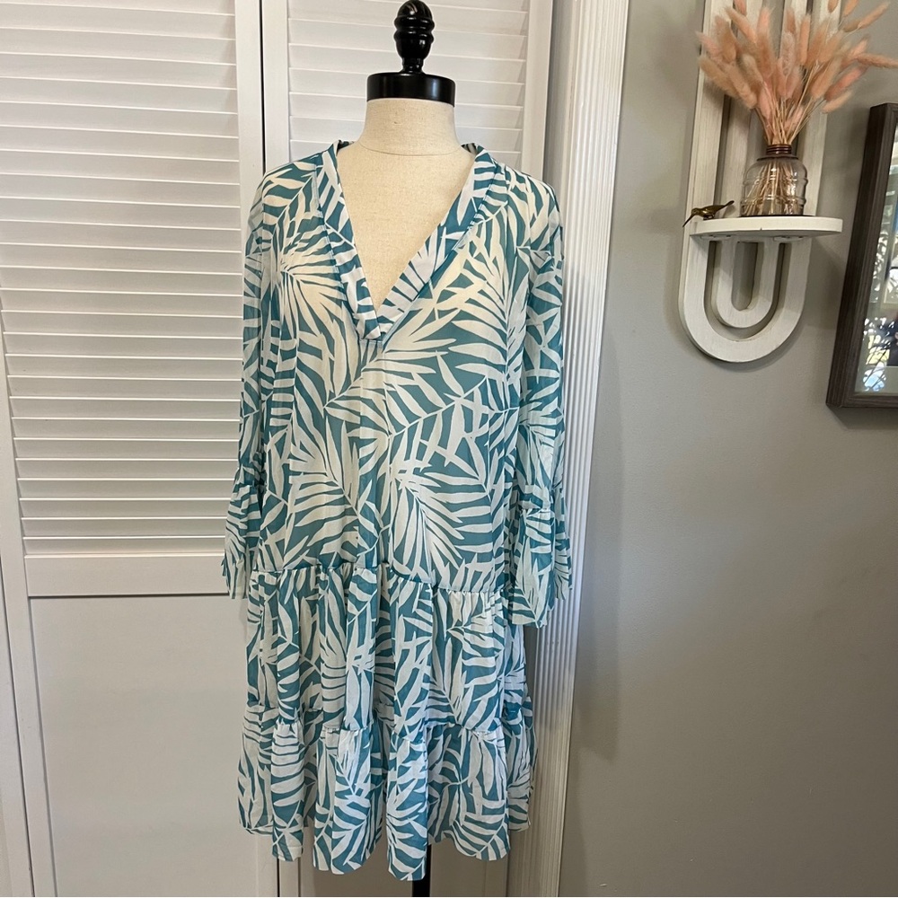 Blue Leaf Print Sheer Cover-Up Dress